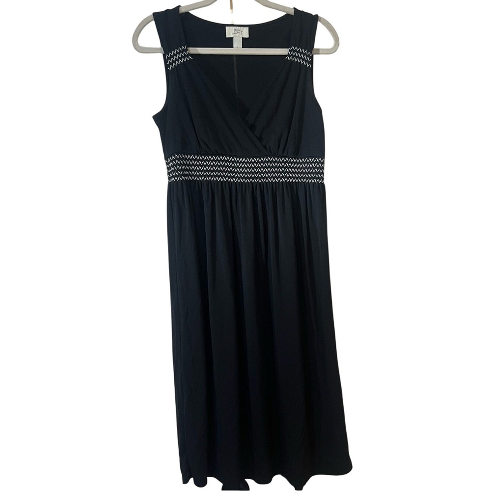 LOFT Black Sleeveless Midi Dress with Smocked Waist and Shoulder Detail SIZE 4